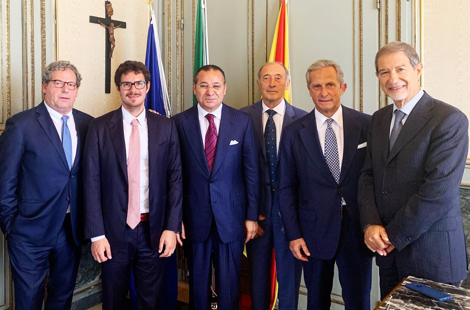 Chairman Kamel Ghribi; Gianfranco Miccichè, President of the Sicily Regional Assembly, Italy; Paolo Rotelli, President of University Vita-Salute San Raffaele, Italy; Dr. Alessandro Frigiola, Director of  the Heart-Child Surgical Area at the IRCCS Policlinico San Donato, Italy; Gaetano Miccichè, Chairman of Banca IMI & President of the Serie A League; Nello Musumeci, President of the Sicily Region, Italy.
