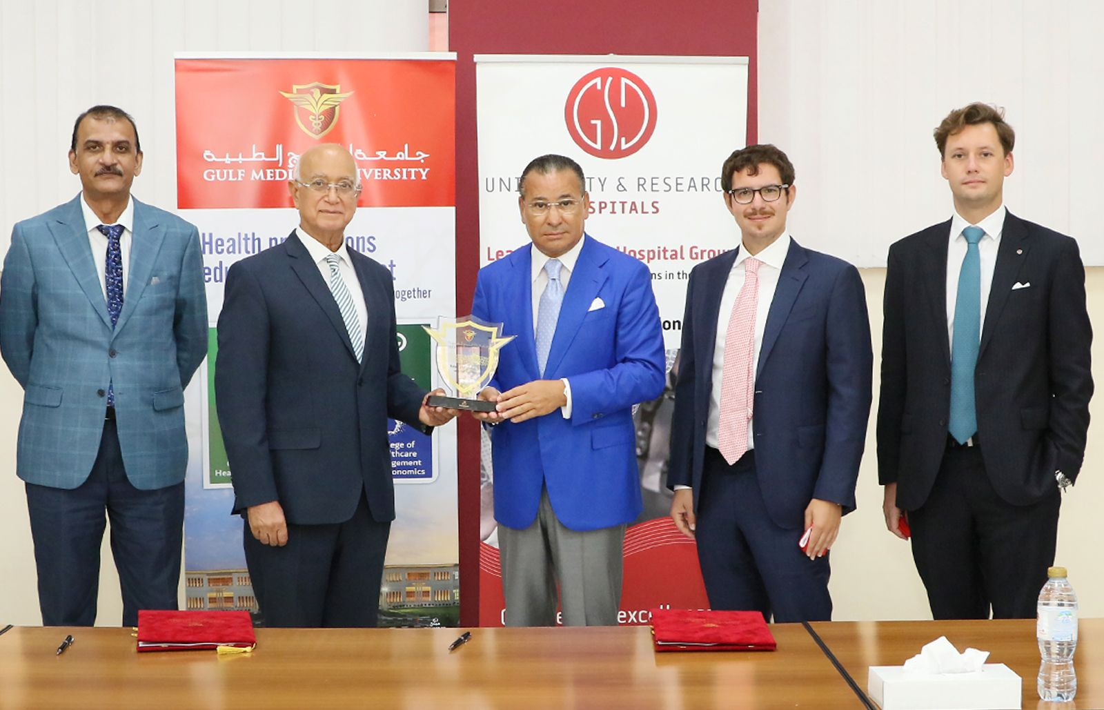 Chairman Kamel Ghribi; Prof. Hossam Hamdy, UAE Member Secretary, Chancellor Gulf Medical University, Ajman; Paolo Rotelli, President of University Vita-Salute San Raffaele, Italy;  Pierre Appert, Director GSD Healthcare, Middle East.