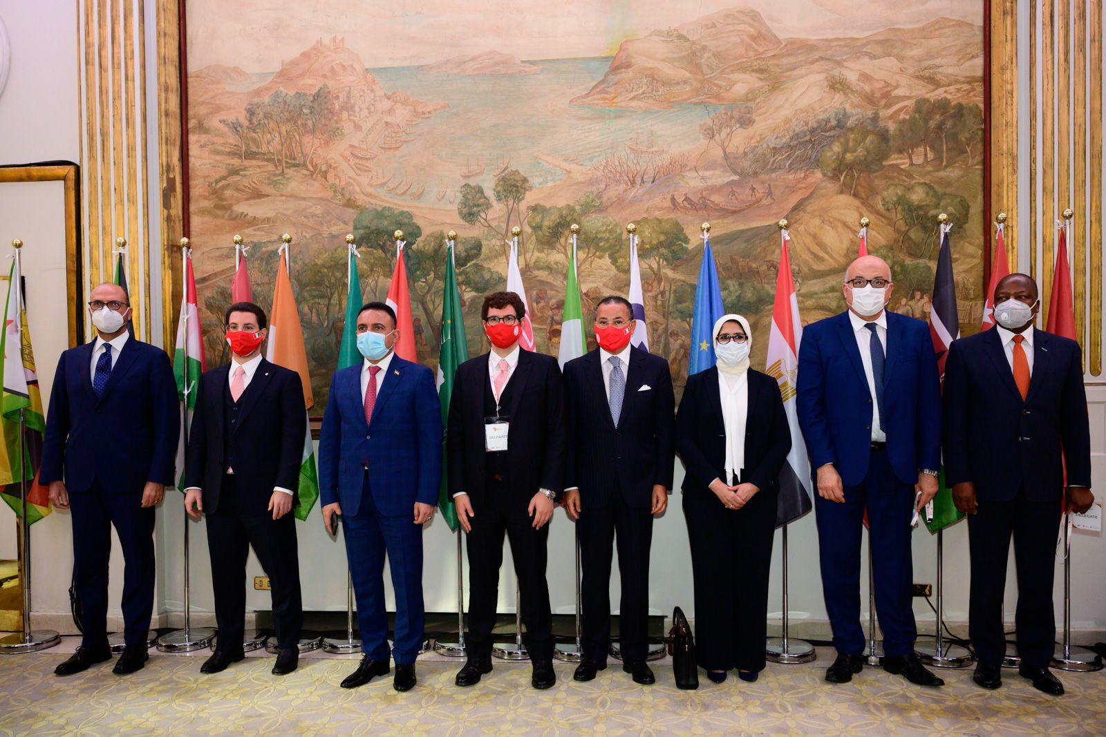 Chairman Kamel Ghribi; Angelino Alfano, President of Gruppo San Donato, Italy; Marco Rotelli, Vice President Gruppo San Donato, Italy; Hasan Mohammed Abbas Al-Tameemi, Minister of Health and Environment, Iraq; Paolo Rotelli, President of University Vita-Salute San Raffaele, Italy; Hala Zayed, Minister of Health and Population, Egypt; Faouzi Mehdi, Minister of Health, Tunisia; Mutahi Kagwe, Minister of Health, Kenya.