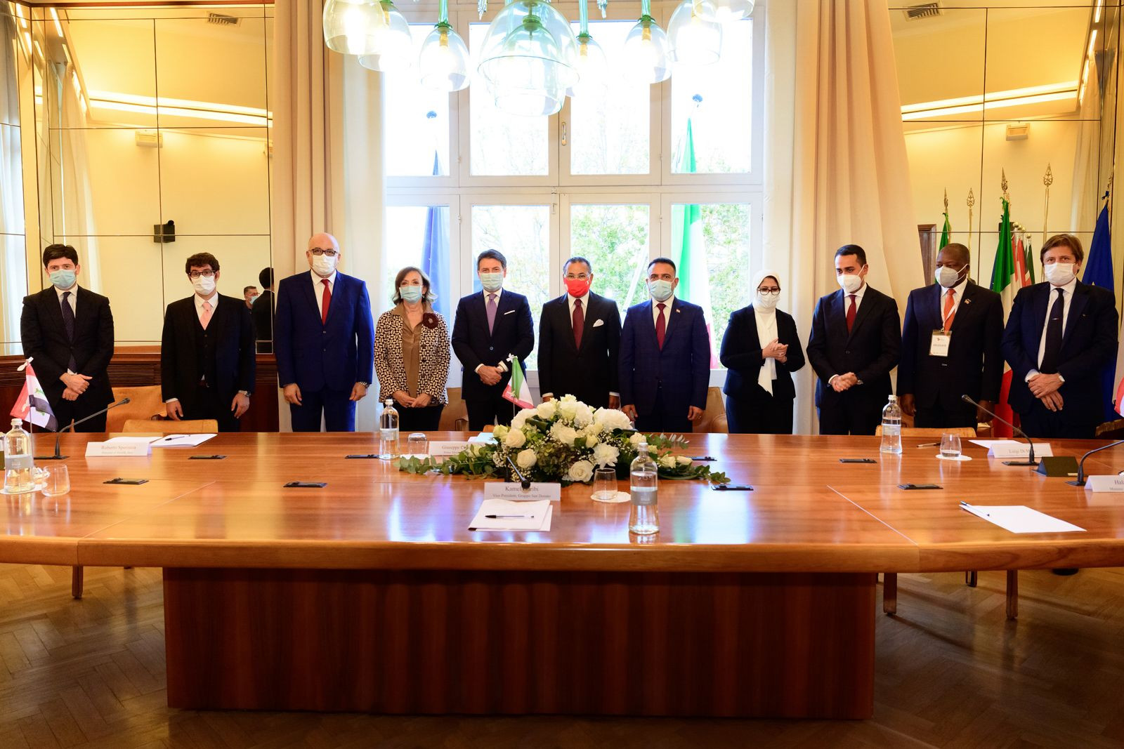 Chairman Kamel Ghribi; Giuseppe Conte, Prime Minister, Italy; Roberto Speranza, Minister of Health, Italy; Faouzi Mehdi, Minister of Health, Tunisia; Hasan Mohammed Abbas Al-Tameemi, Minister of Health and Environment, Iraq; Hala Zayed, Minister of Health and Population, Egypt; Luigi Di Maio, Minister of Foreign Affairs and International Co-Operation, Italy; Mutahi Kagwe, Minister of Health, Kenya; Pierpaolo Sileri, Deputy Minister of Health, Italy.