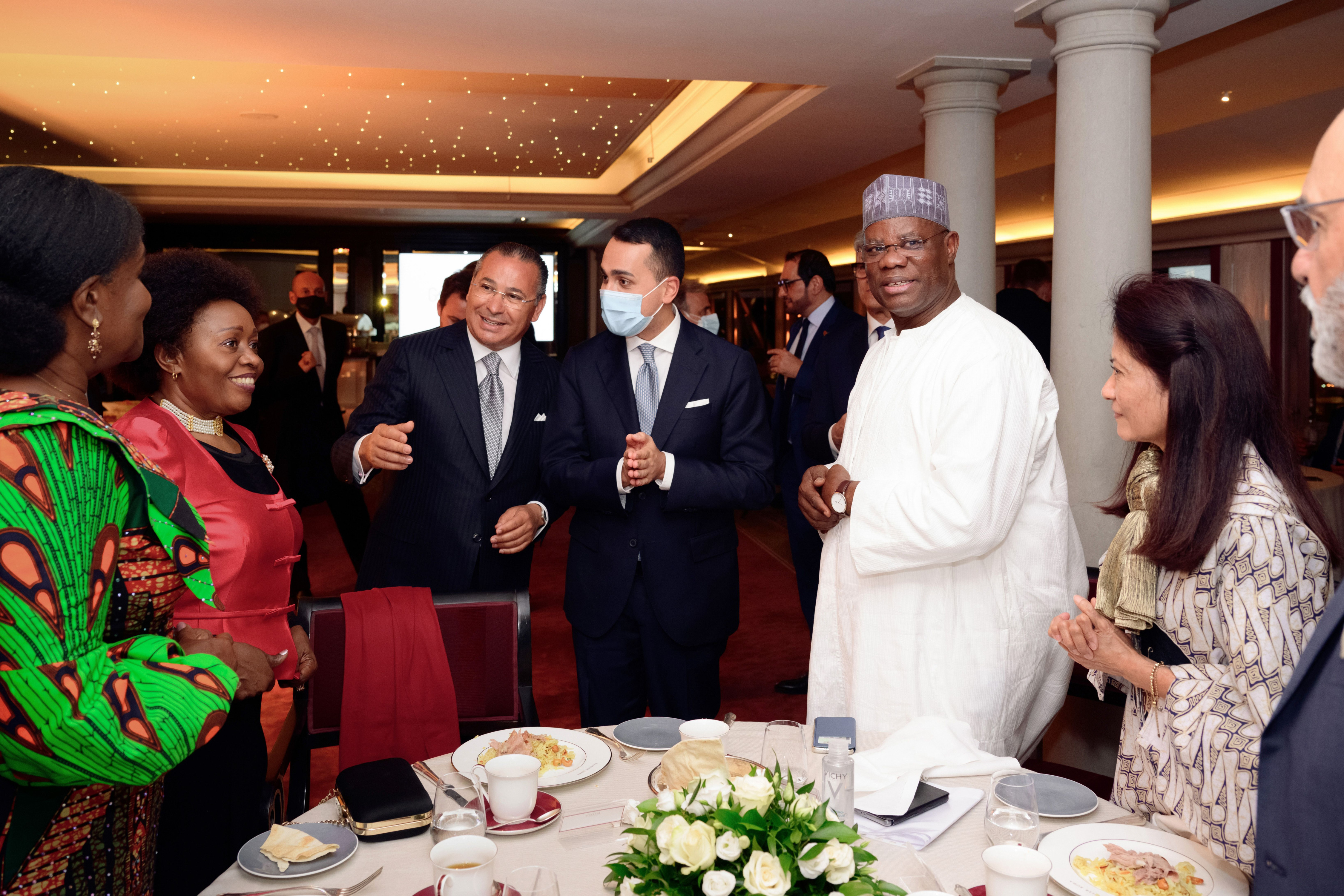 Chairman Kamel Ghribi; Luigi Di Maio, Minister of Foreign Affairs and International Co-Operation, Italy; H.E. Jackline Yonga, Ambassador of Kenya to Italy; H.E. Eudora Hilda Quartey Koranteng, Ambassador of Ghana to Italy; H.E. Aly Coulibaly, Ambassador of Mali to Italy.