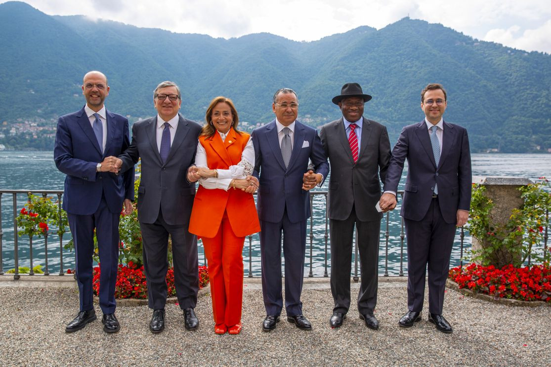 Chairman Kamel Ghribi with Angelino Alfano President of Policlinico San Donato, Italy, Josè Barroso Board Chair, GAVI; Board Chair, Goldman Sachs International , Amani Abou-Zeid African Union Commissioner for Infrastructure and Energy, Goodluck Ebele Jonathan Former President of the Federal Republic of Nigeria.