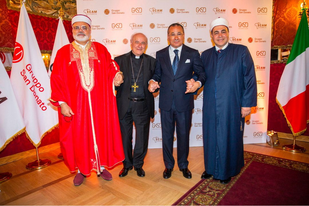 Kamel Ghribi with Imam Badri Madani, Imam of the Mosque of Palermo, Monsignor Vincenzo Paglia, President of the Pontifical Academy for Life, Imam Nader Akkad, Imam of the Islamic Cultural Center of Italy and Great Mosque of Rome.