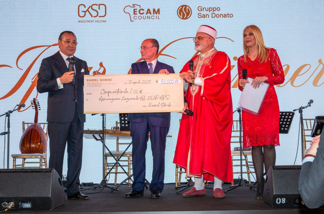 Kamel Ghribi with Imam Badri Madani, Imam of the Mosque of Palermo, Renato Schifani, President of Regione Sicilia.