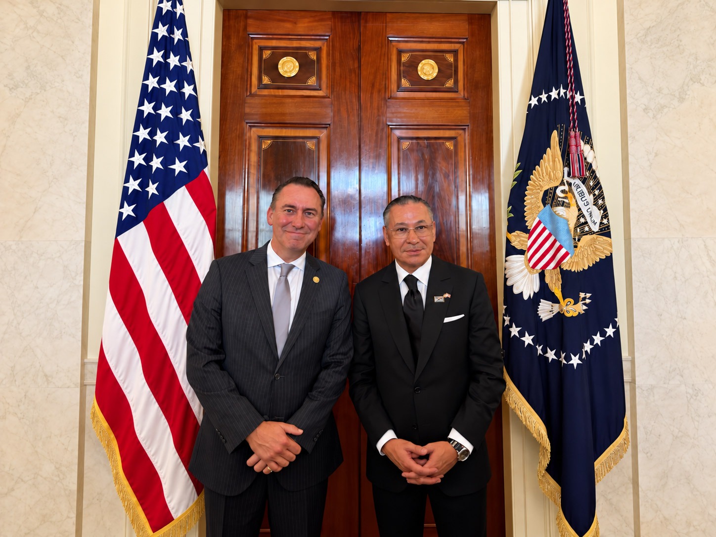 <p>Kamel Ghribi with Jarrob Agen Assistant to President Trump and Executive Director of the National Energy Dominance Council, The White House</p>