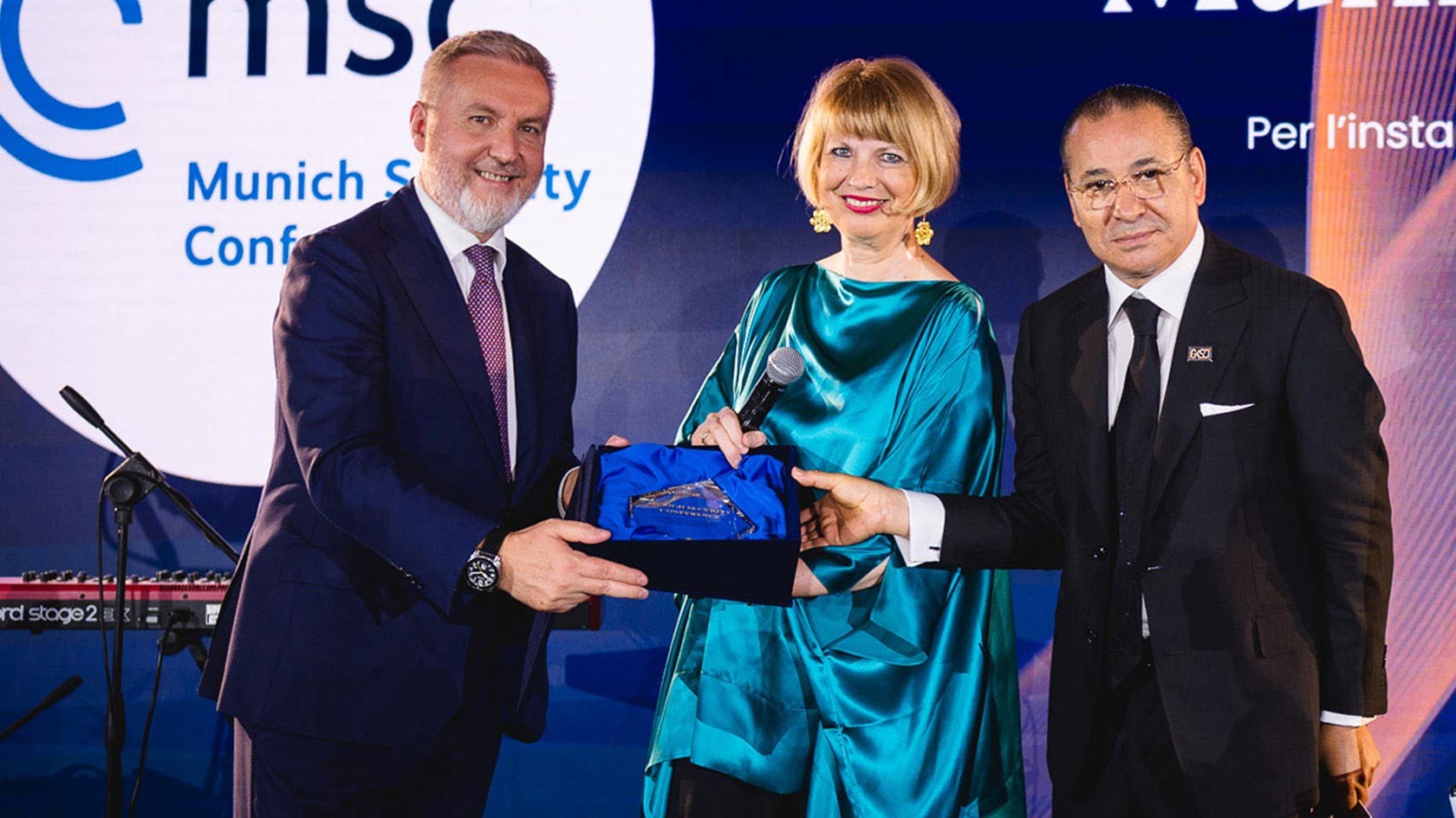 Kamel Ghribi with Lorenzo Guerini, COPASIR President, and Ambassador Helga Maria Schmid, Vice President of Munich Security Conference Foundation.